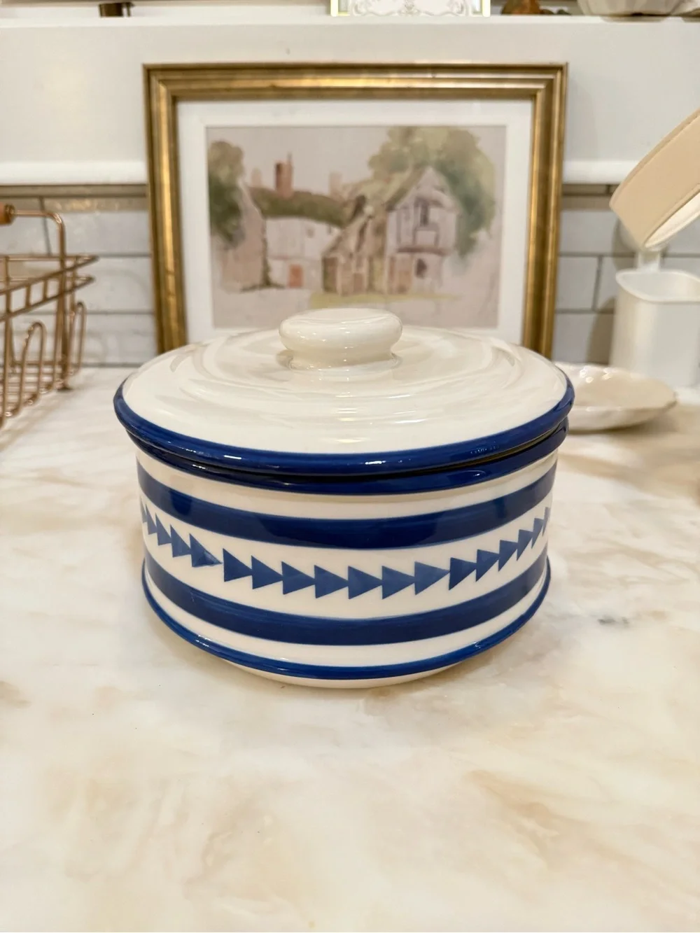 Anthropologie Blue and White Ceramic Lidded Canister